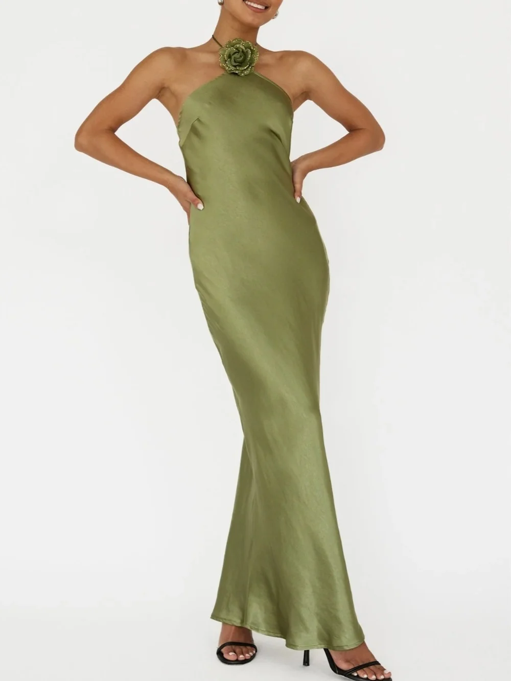 Selfie Leslie Sage Green halter Satiny Gown with Floral Neck Accent size M NWTS